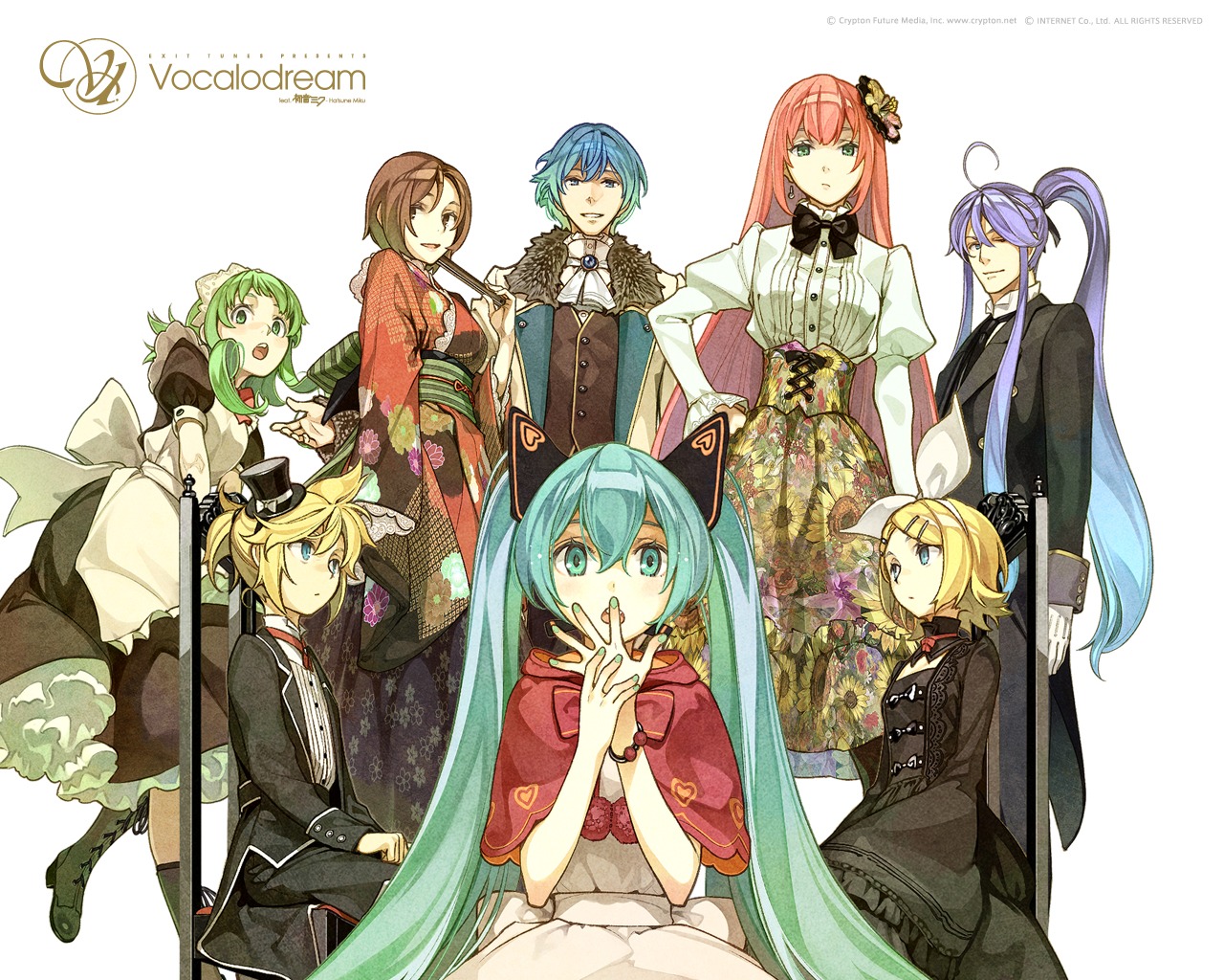 dress, gothic_lolita, gumi, hatsune_miku, hidari, kagamine_len, kagamine_rin, kaito, kamui_gakupo, kimono, lolita_fashion, maid, megurine_luka, meiko, vocaloid, wallpaper