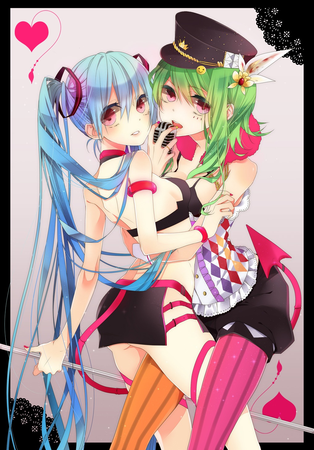cleavage, gumi, hatsune_miku, killer_lady_(vocaloid), naoto, symmetrical_docking, vocaloid