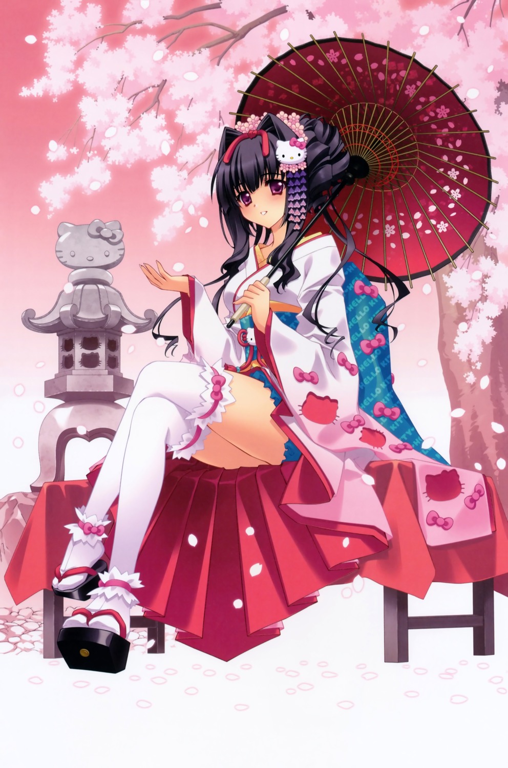 carnelian, garter, hello_kitty, japanese_clothes, miyabi_sakuya, thighhighs