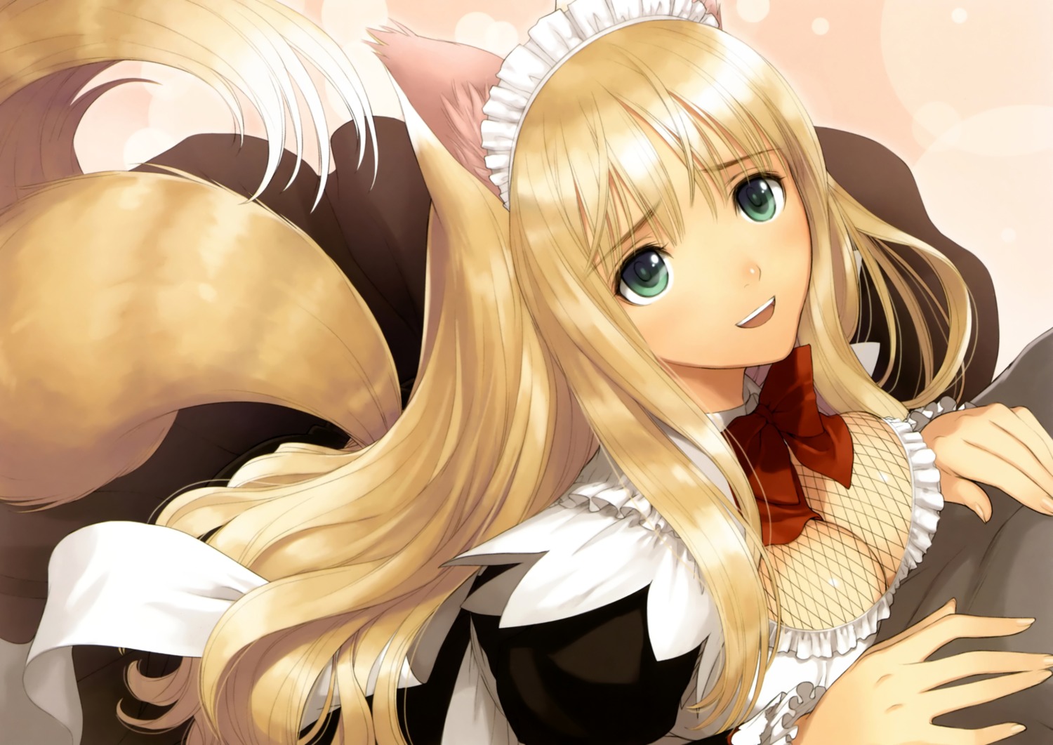 animal_ears, cleavage, fishnets, kitsune, maid, rouna_murasame, sega, shining_hearts, shining_world, tail, tony_taka