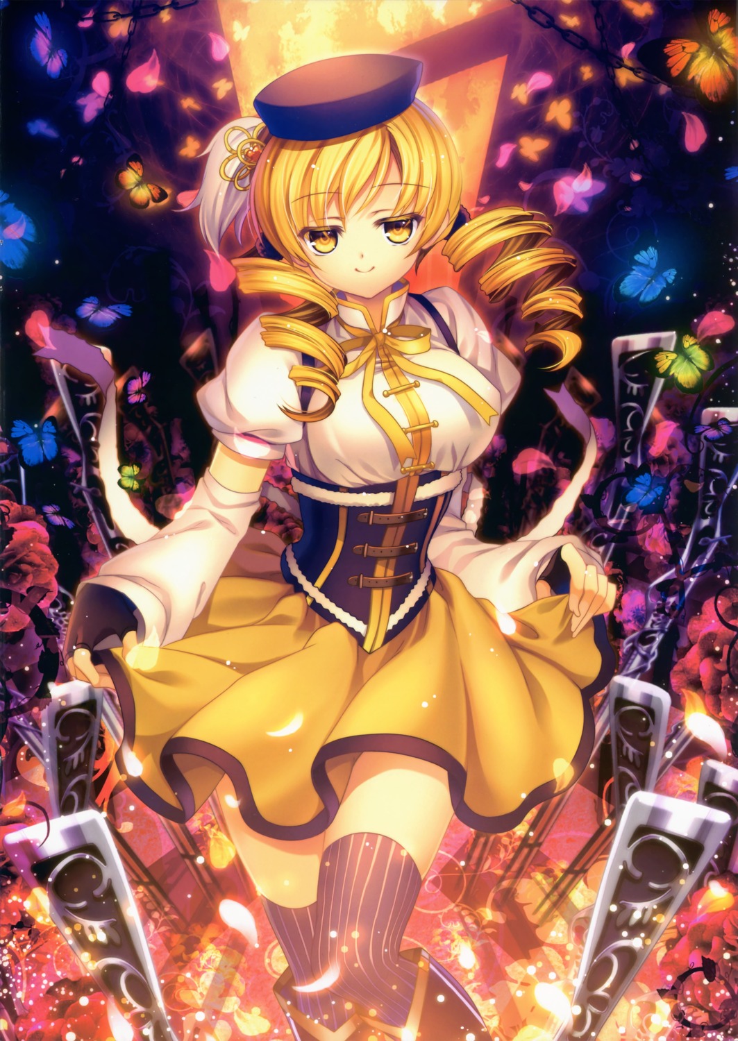 capura_lin, eternal_phantasia, gun, mahou_shoujo_madoka_magica, skirt_lift, thighhighs, tomoe_mami