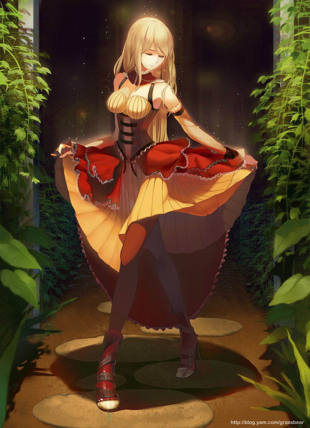 cao_xiong, cleavage, dress, jpeg_artifacts, pantyhose, watermark