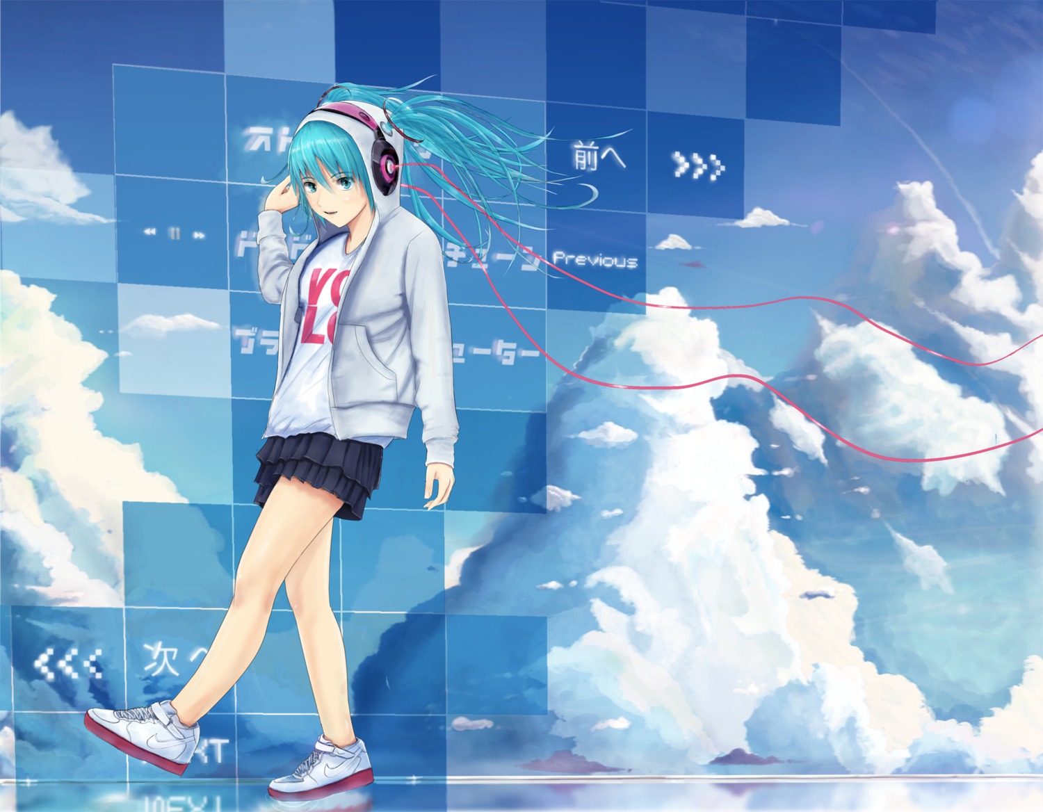 hatsune_miku, headphones, vocaloid, zk0