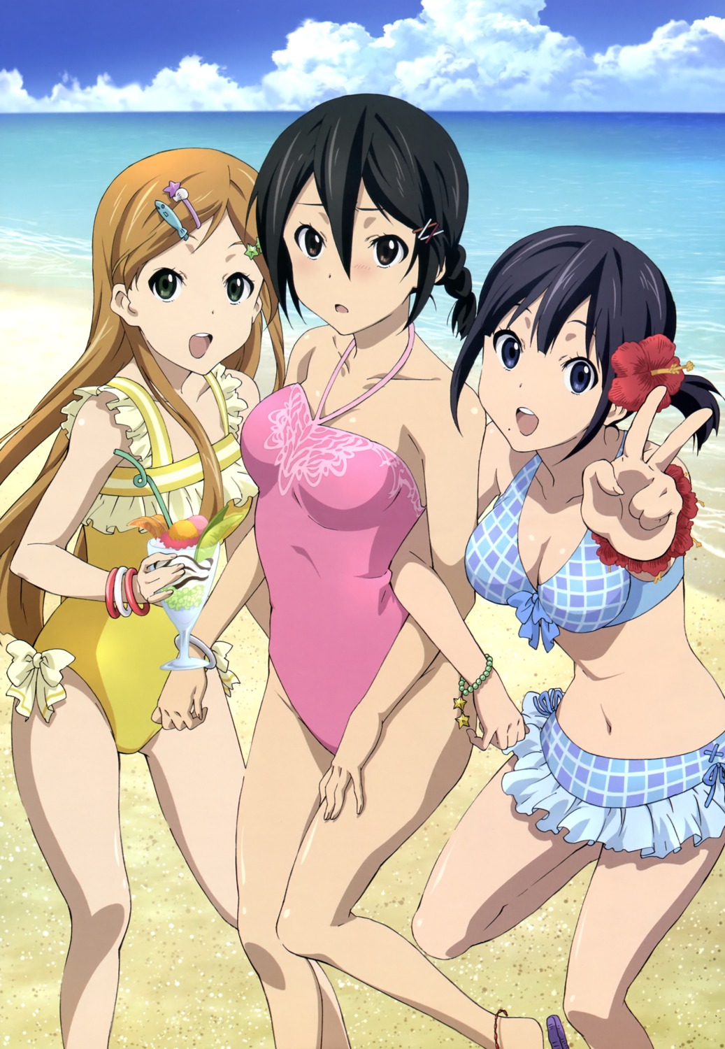 bikini, cleavage, inaba_himeko, kiriyama_yui, kokoro_connect, nagase_iori, sasaki_mutsumi_(bee_train), swimsuits