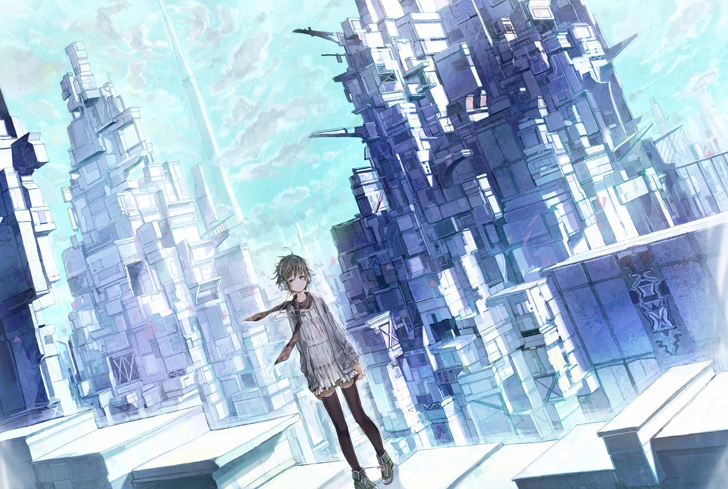 headphones, landscape, neyagi, thighhighs