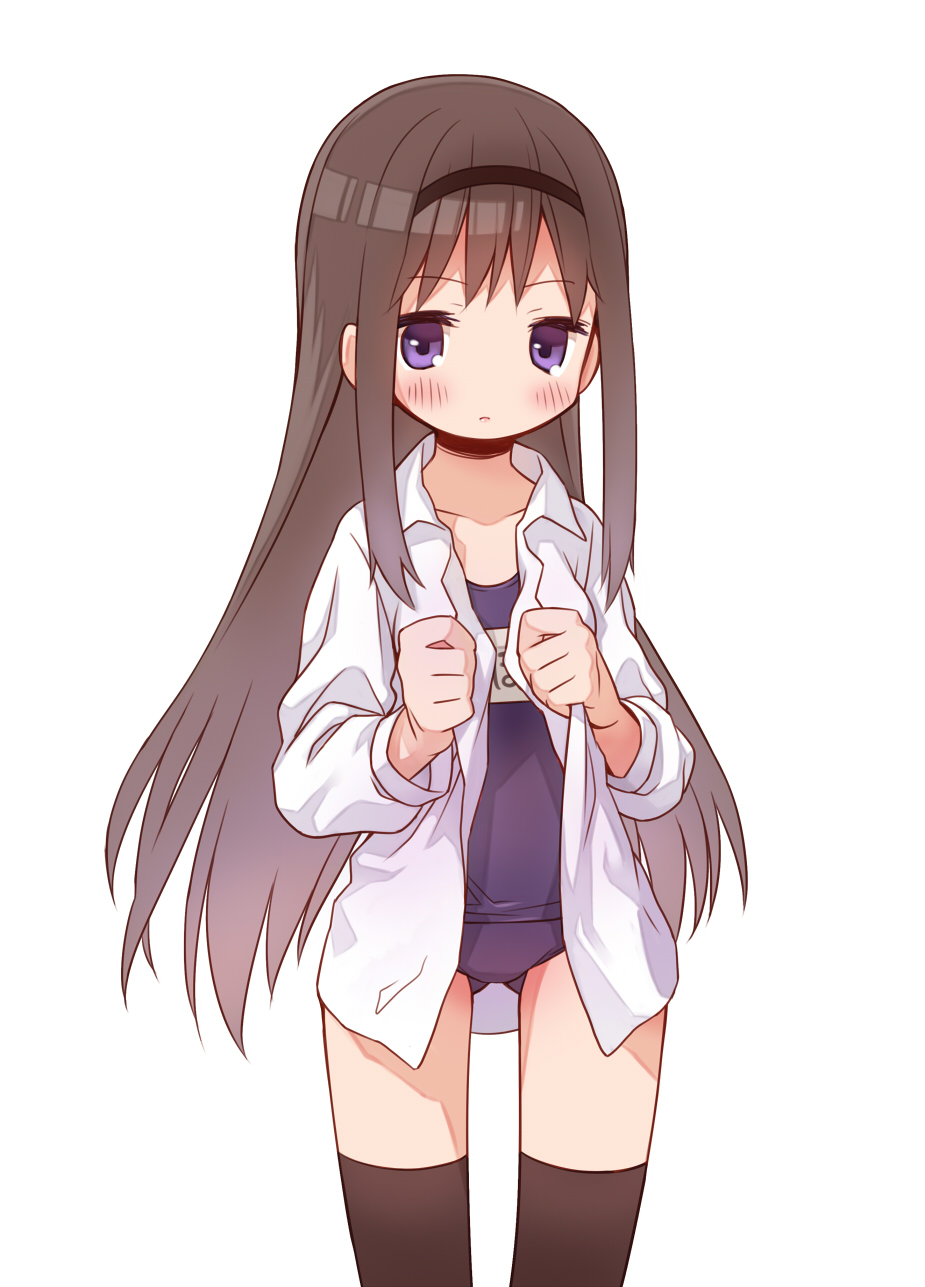 akemi_homura, mahou_shoujo_madoka_magica, monaka_ooji, open_shirt, school_swimsuit, swimsuits, thighhighs