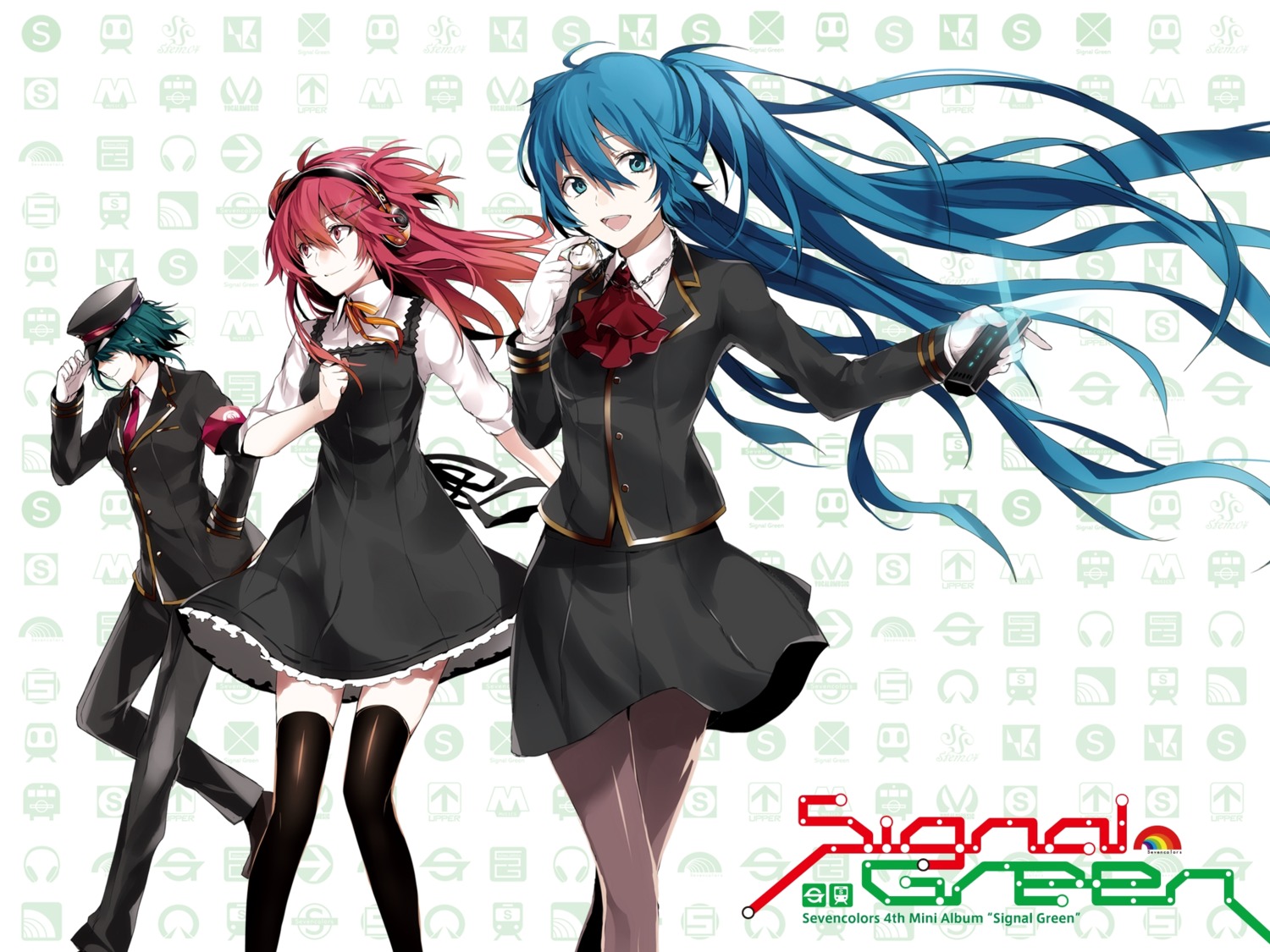 arisaka_ako, gumi, hatsune_miku, headphones, nanase_kanon, pantyhose, thighhighs, uniform