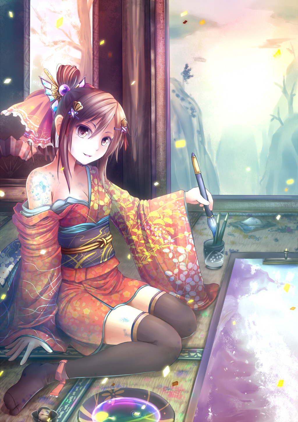 cleavage, kimono, sen_kagura, thighhighs