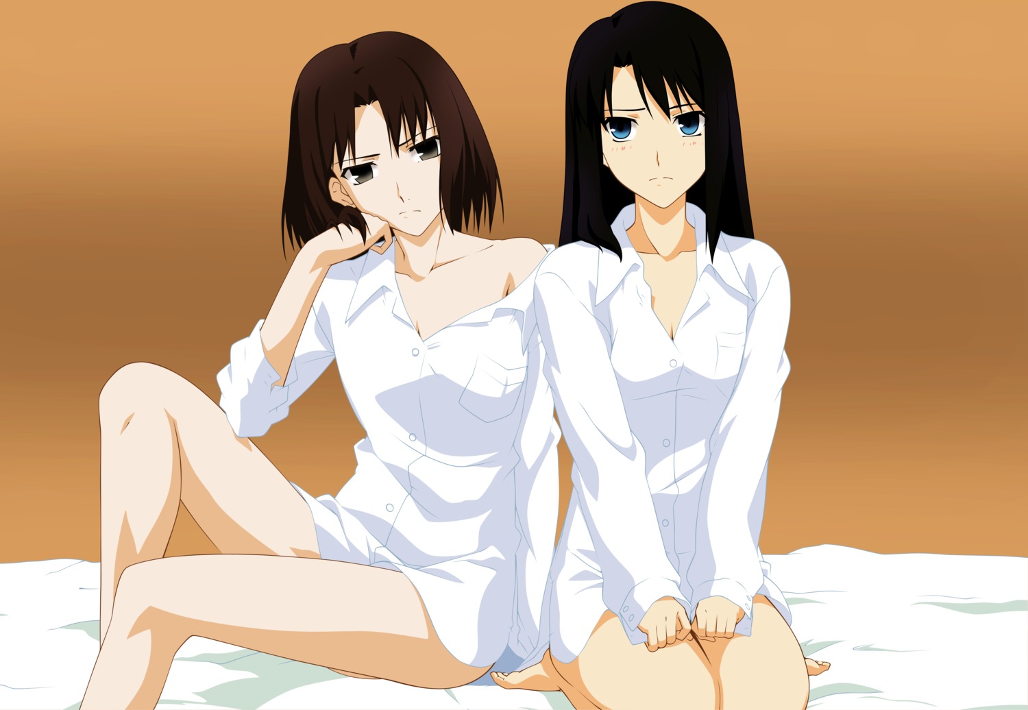 bottomless, dress_shirt, kara_no_kyoukai, kikuchi_junya, kokutou_azaka, no_bra, ryougi_shiki, vector_trace