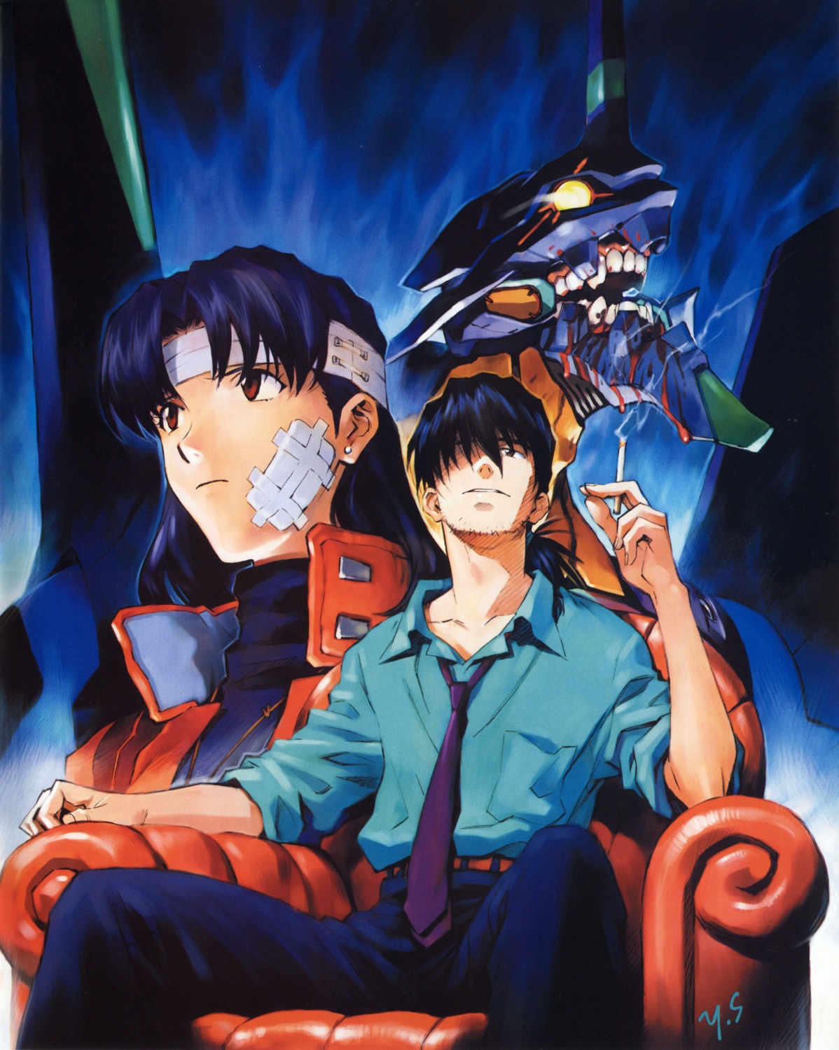 eva_01, kaji_ryouji, katsuragi_misato, neon_genesis_evangelion, sadamoto_yoshiyuki