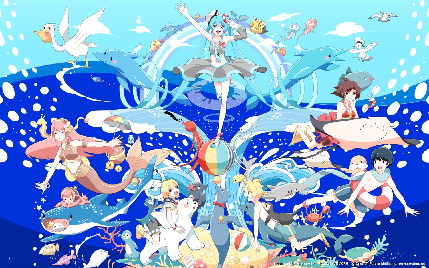 bikini, chamooi, hatsune_miku, kagamine_len, kagamine_rin, kaito, megurine_luka, meiko