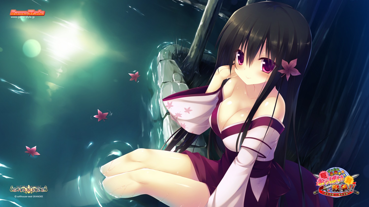any, cleavage, game-style, japanese_clothes, kotone, softhouse-seal_grandee, wallpaper, zettai_saikyou_☆_oppai_sensou