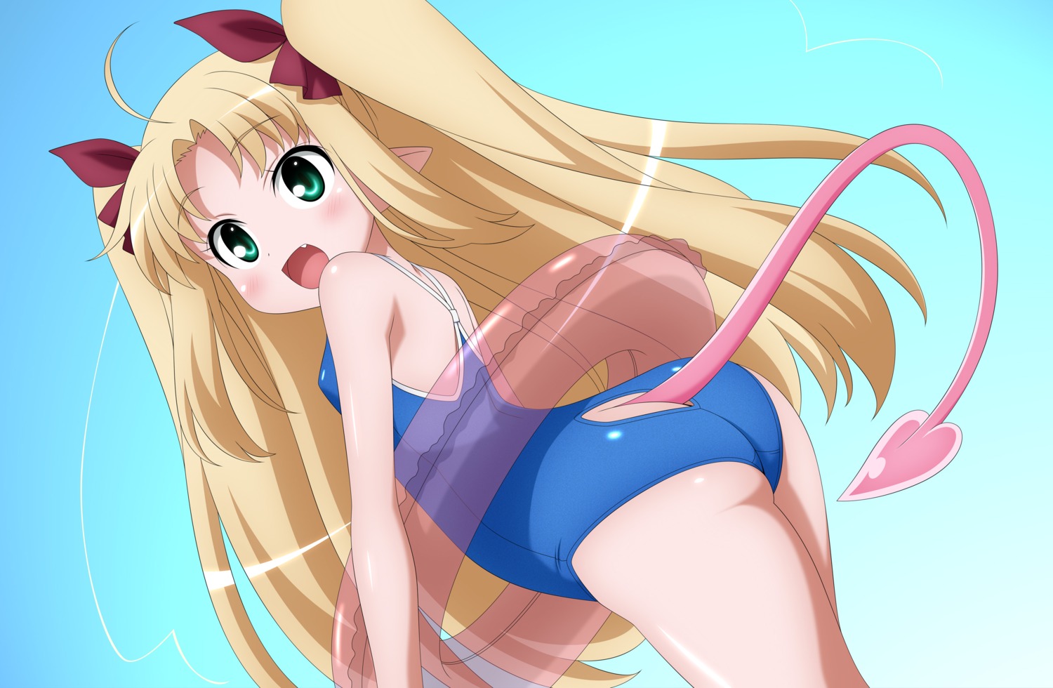 ass, astarotte_ygvar, lotte_no_omocha!, pointy_ears, swimsuits, tail, wave_ride