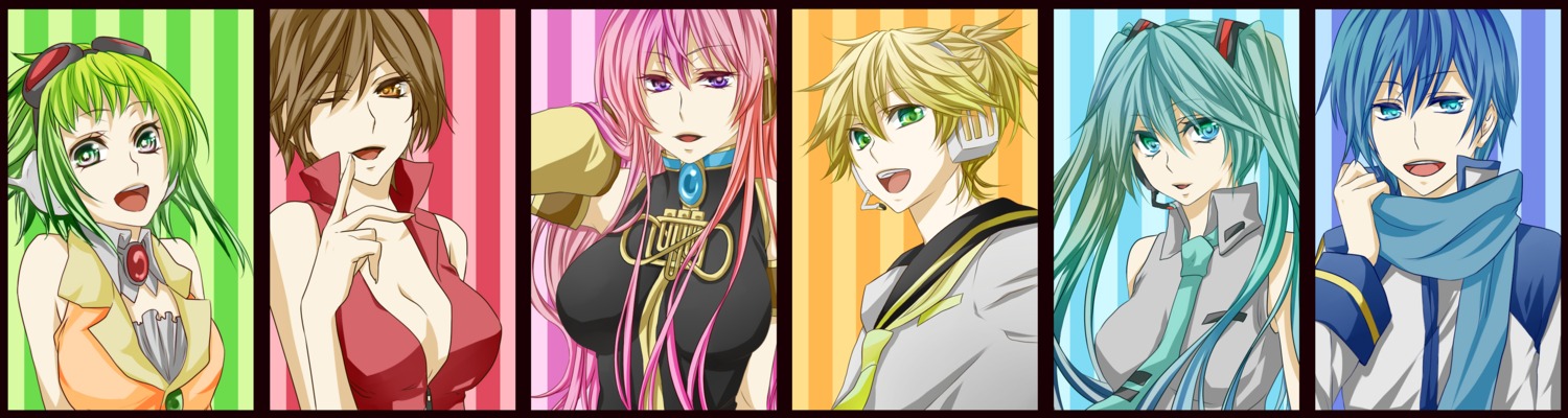 cleavage, gumi, hatsune_miku, headphones, kagamine_len, kaito, megurine_luka, meiko