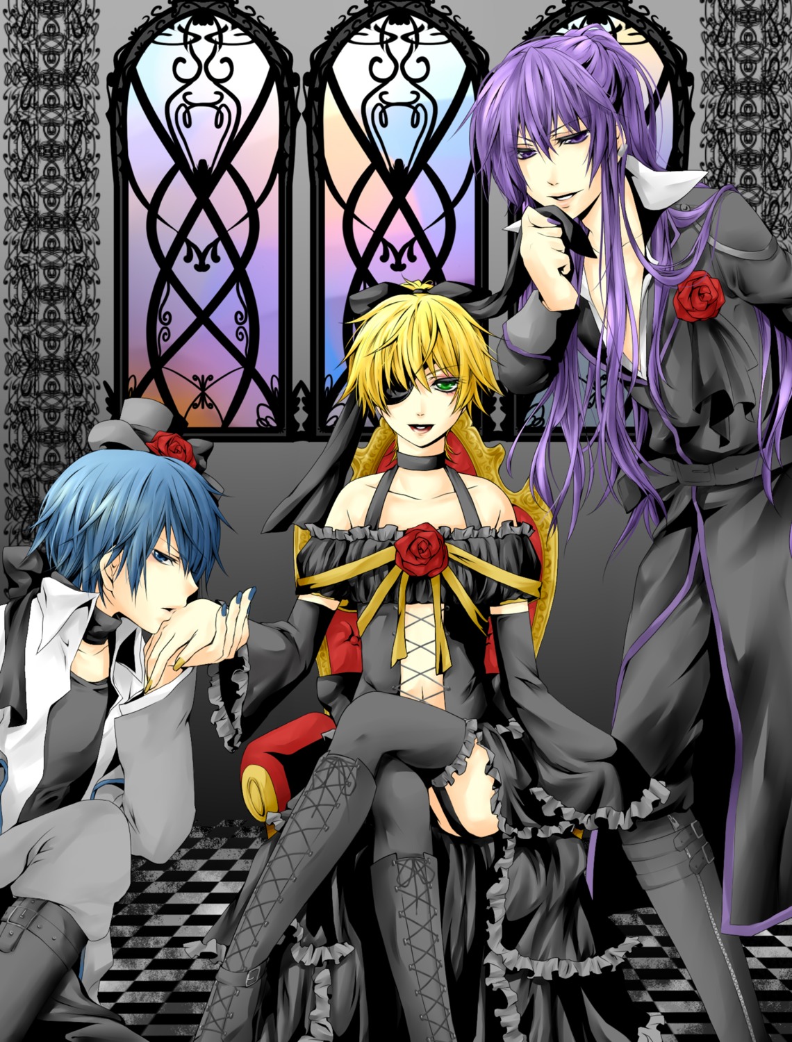 crossdress, dress, eyepatch, imitation_black_(vocaloid), kagamine_len, kaito, kamui_gakupo, male