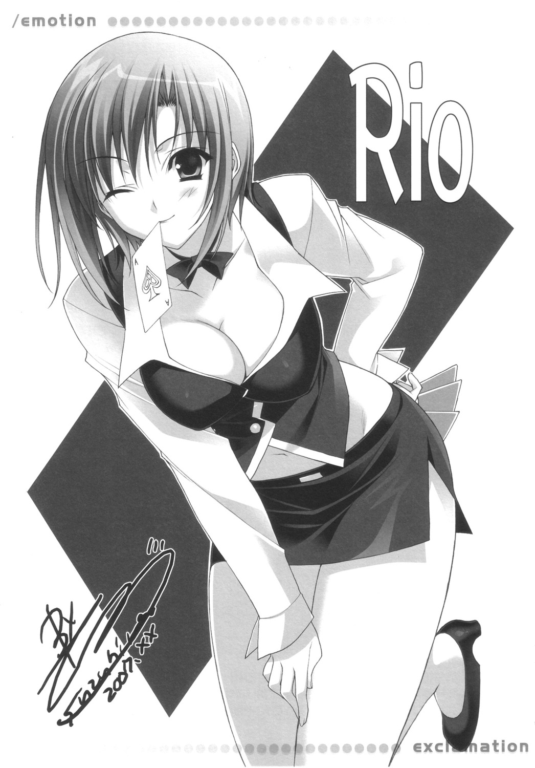 autographed, cleavage, exclamation, monochrome, rio, rio_-rainbow_gate!-, suzuhira_hiro