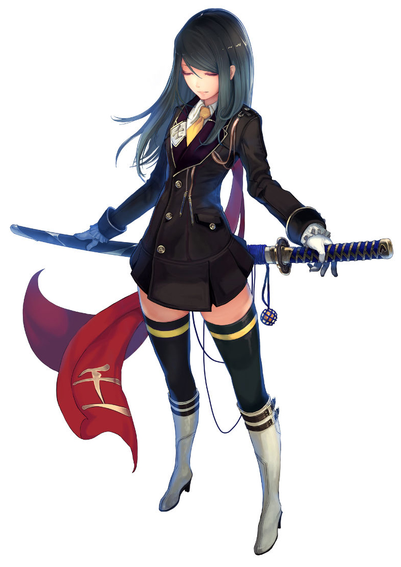akai_katana_shin, saionji_botan, sword, tachikawa_mushimaro, thighhighs, uniform