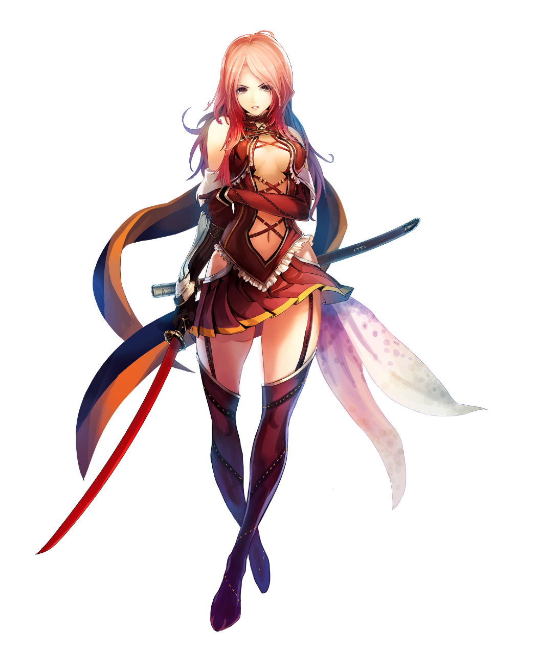 akai_katana_shin, ayase_nazuna_(akai_katana), cleavage, stockings, sword, tachikawa_mushimaro, thighhighs