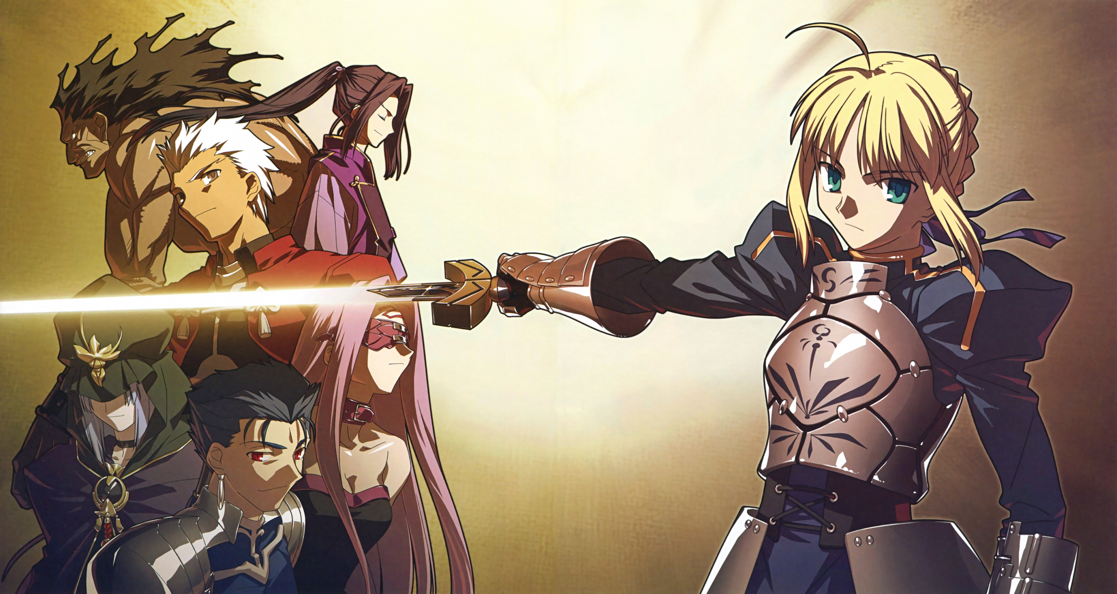 archer, artoria_pendragon_(fate), assassin, cu_chulainn_(fate), fate/stay_night, heracles_(fate), japanese_clothes, medea_(fate), medusa_(fate), sword, takeuchi_takashi, type-moon