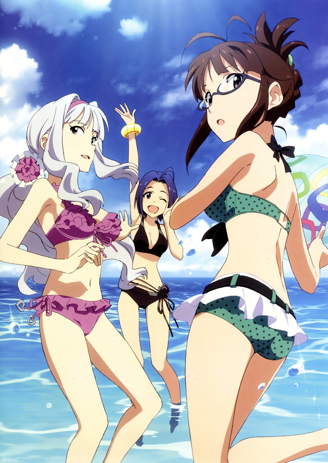 akizuki_ritsuko, bikini, cleavage, megane, miura_azusa, shijou_takane, swimsuits, tanaka_yuusuke