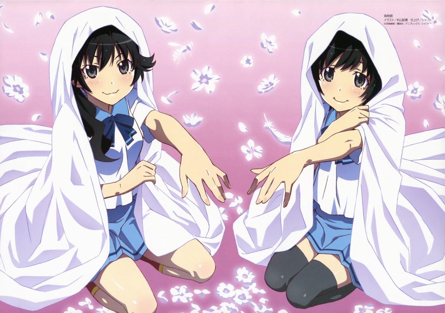 araragi_karen, araragi_tsukihi, bakemonogatari, monogatari_(series), nisemonogatari, seifuku, sugiyama_nobuhiro, thighhighs