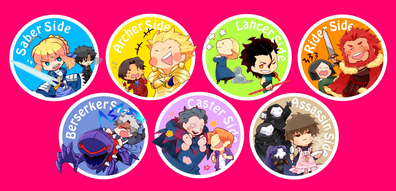 artoria_pendragon_(fate), assassin_(fate/zero), chibi, diarmuid_ua_duibhne_(fate), fate/stay_night, fate/zero, gilgamesh_(fate), gilles_de_rais_(fate), iskandar_(fate), lancelot_(fate), legendofwind, sword