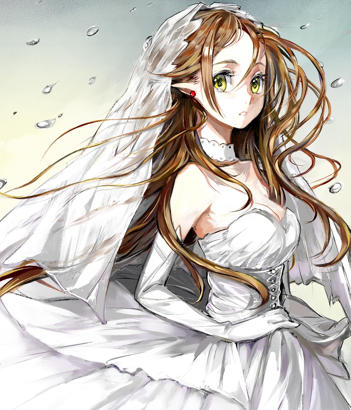 cleavage, douremi, dress, elf, pointy_ears, wedding_dress
