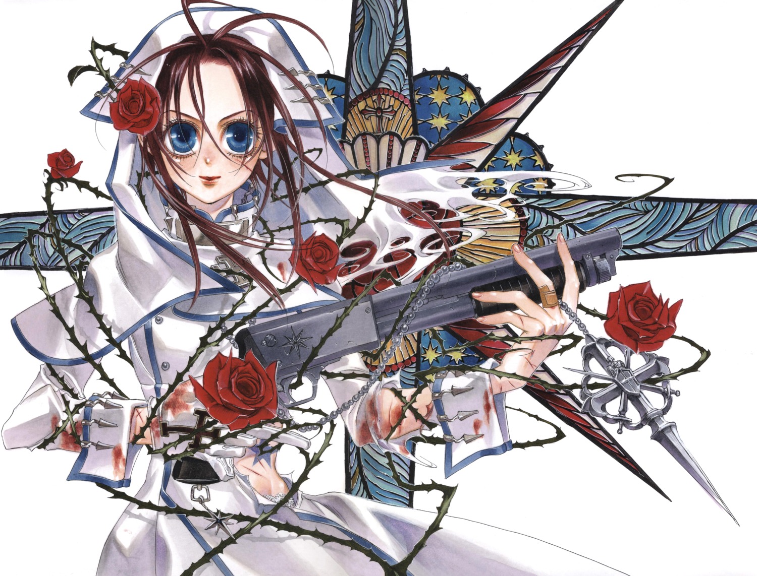esther_blanchett, gun, kyuujou_kiyo, torn_clothes, trinity_blood