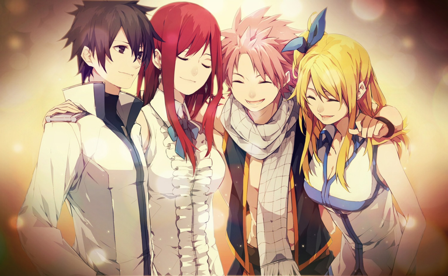 cleavage, erza_scarlet, fairy_tail, gray_fullbuster, lucy_heartfilia, natsu_dragneel, wallpaper, yue_(hatsuka1259)