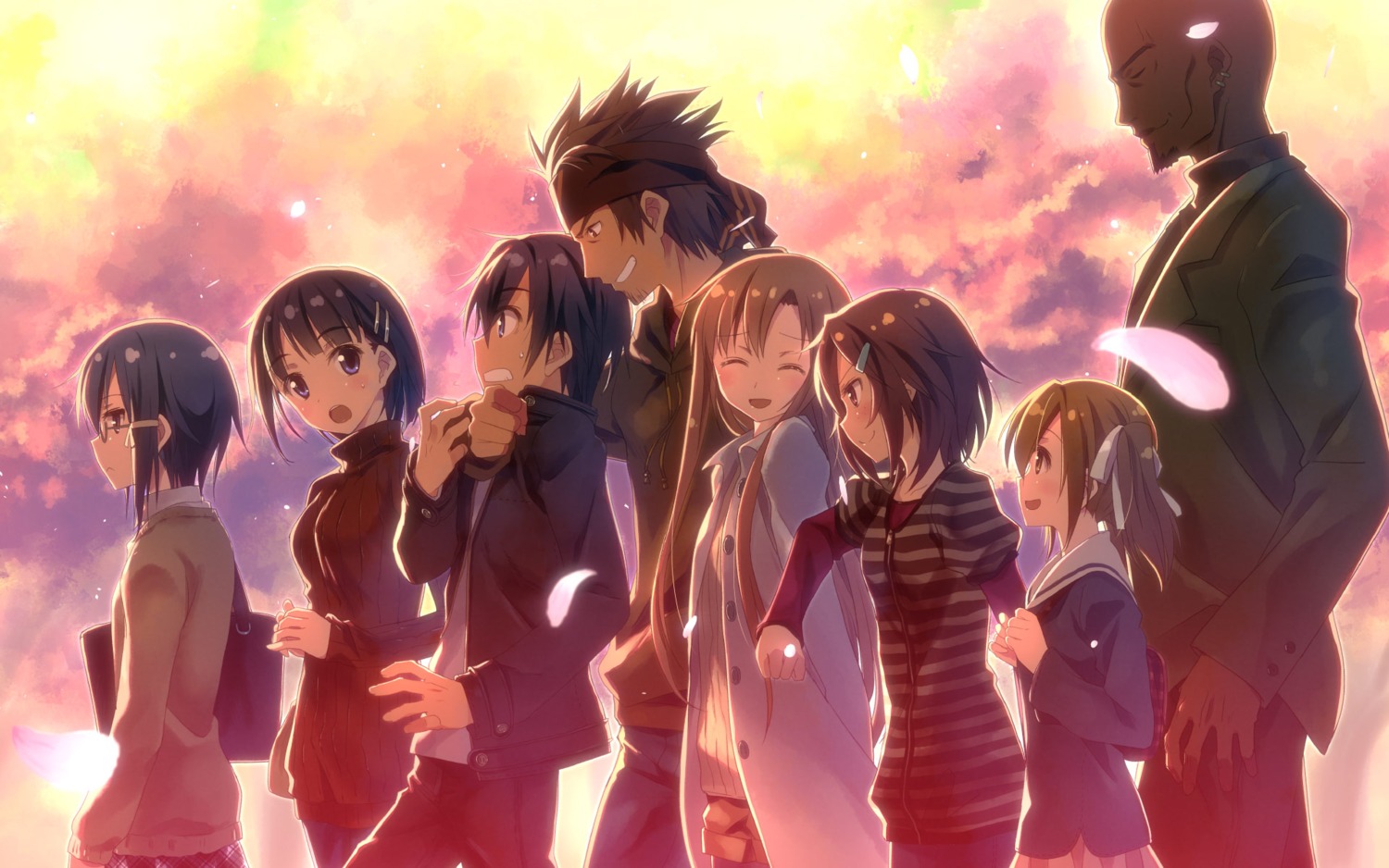 agil, asada_shino, asuna_(sword_art_online), kirigaya_suguha, kirito, klein_(sword_art_online), megane, seifuku