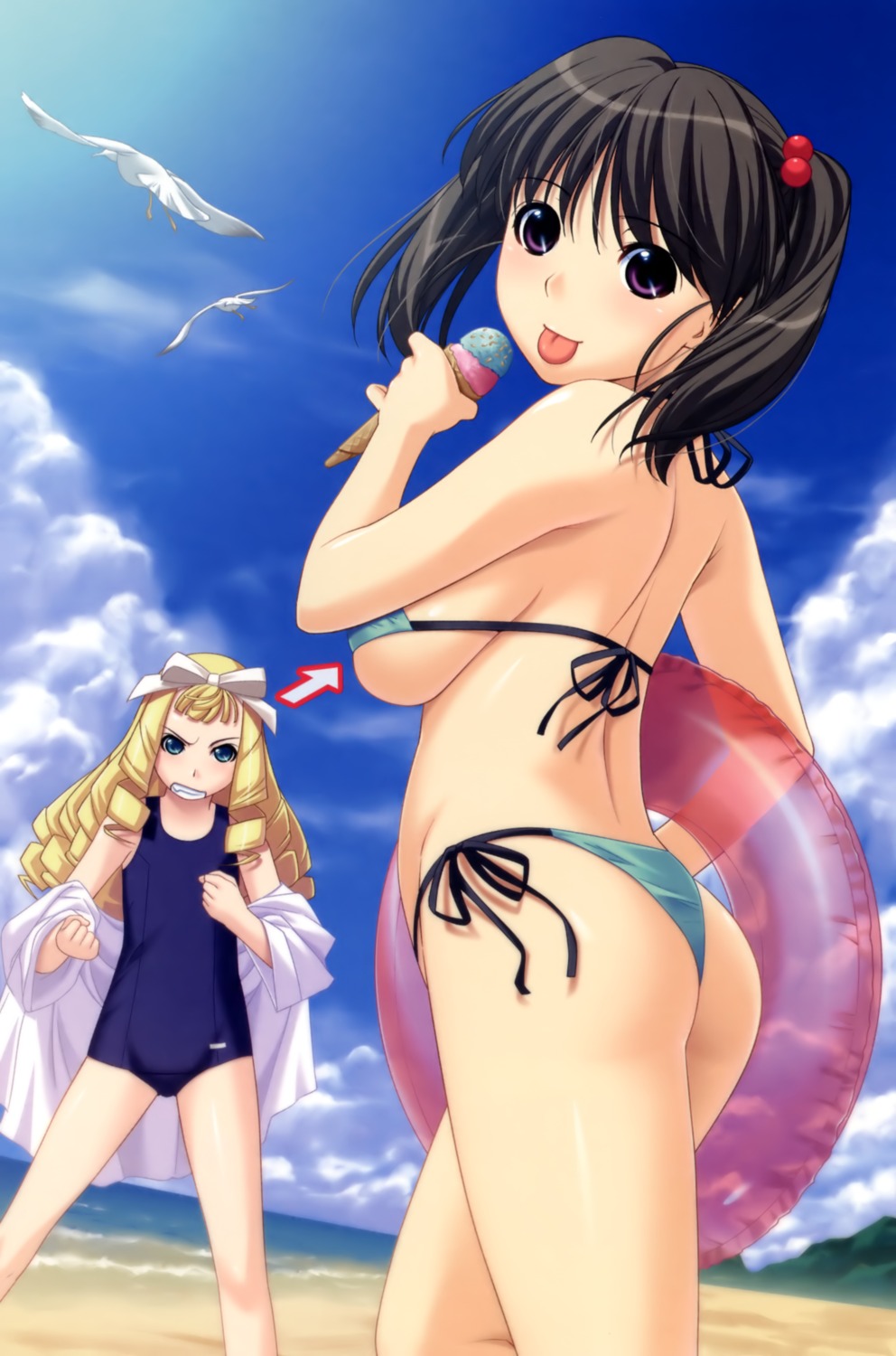ass, bikini, front_wing, ino, kimihagu, school_swimsuit, serizawa_madoka, swimsuits, underboob, yuuki_emiri
