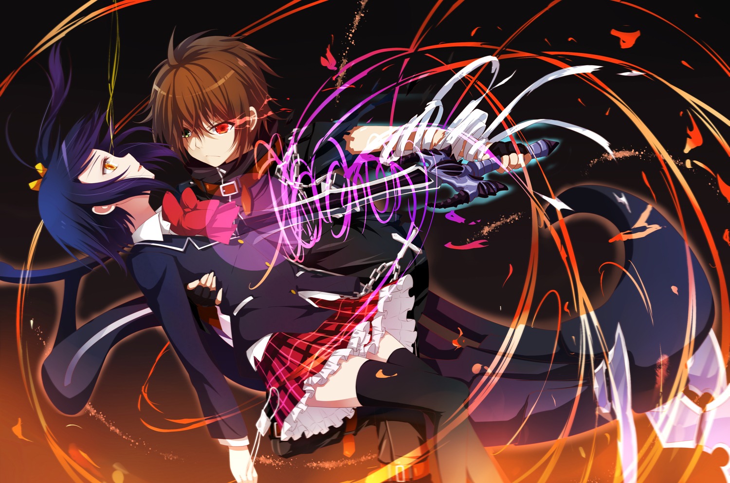 chuunibyou_demo_koi_ga_shitai!, guilty_crown, heterochromia, huohai, parody, seifuku, sword, takanashi_rikka