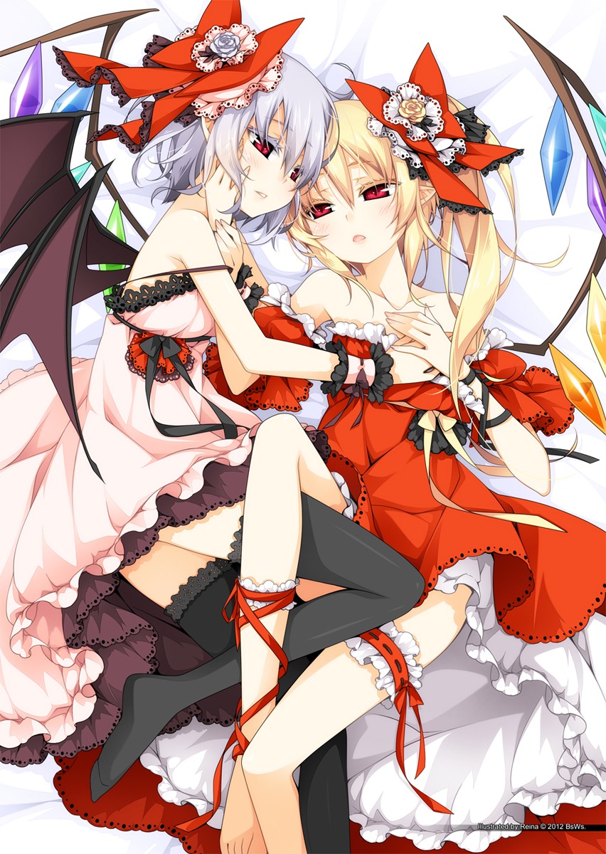 flandre_scarlet, garter, lolita_fashion, pointy_ears, reina_(black_spider), remilia_scarlet, thighhighs, touhou, wings