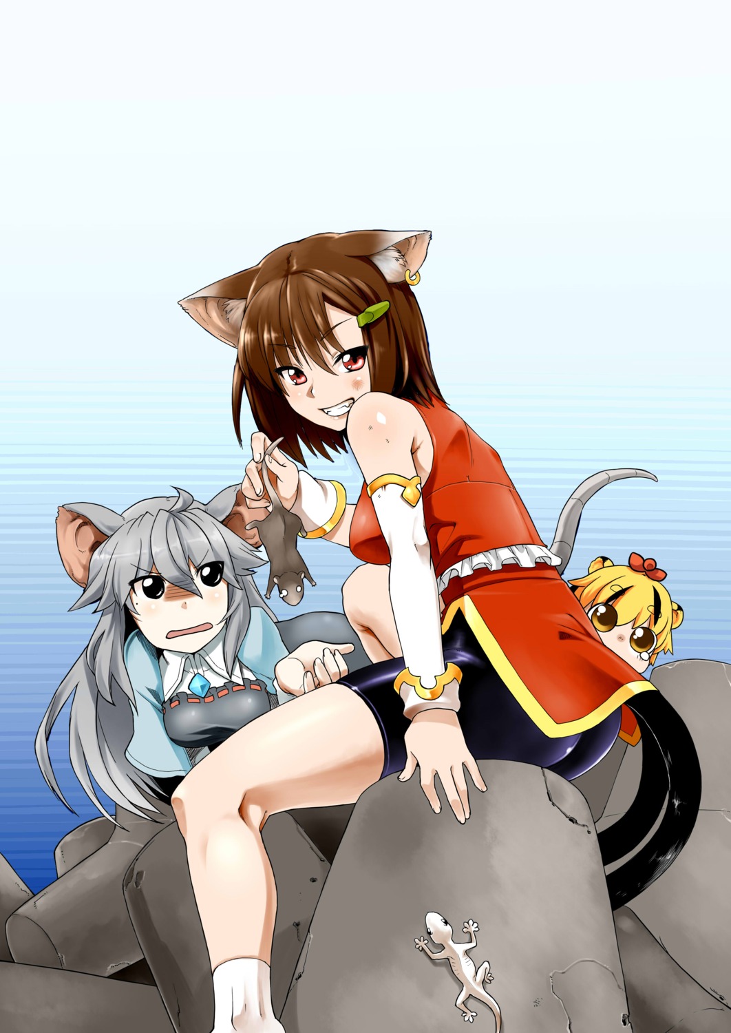 animal_ears, bike_shorts, chen, nazrin, phenne, tail, toramaru_shou, touhou