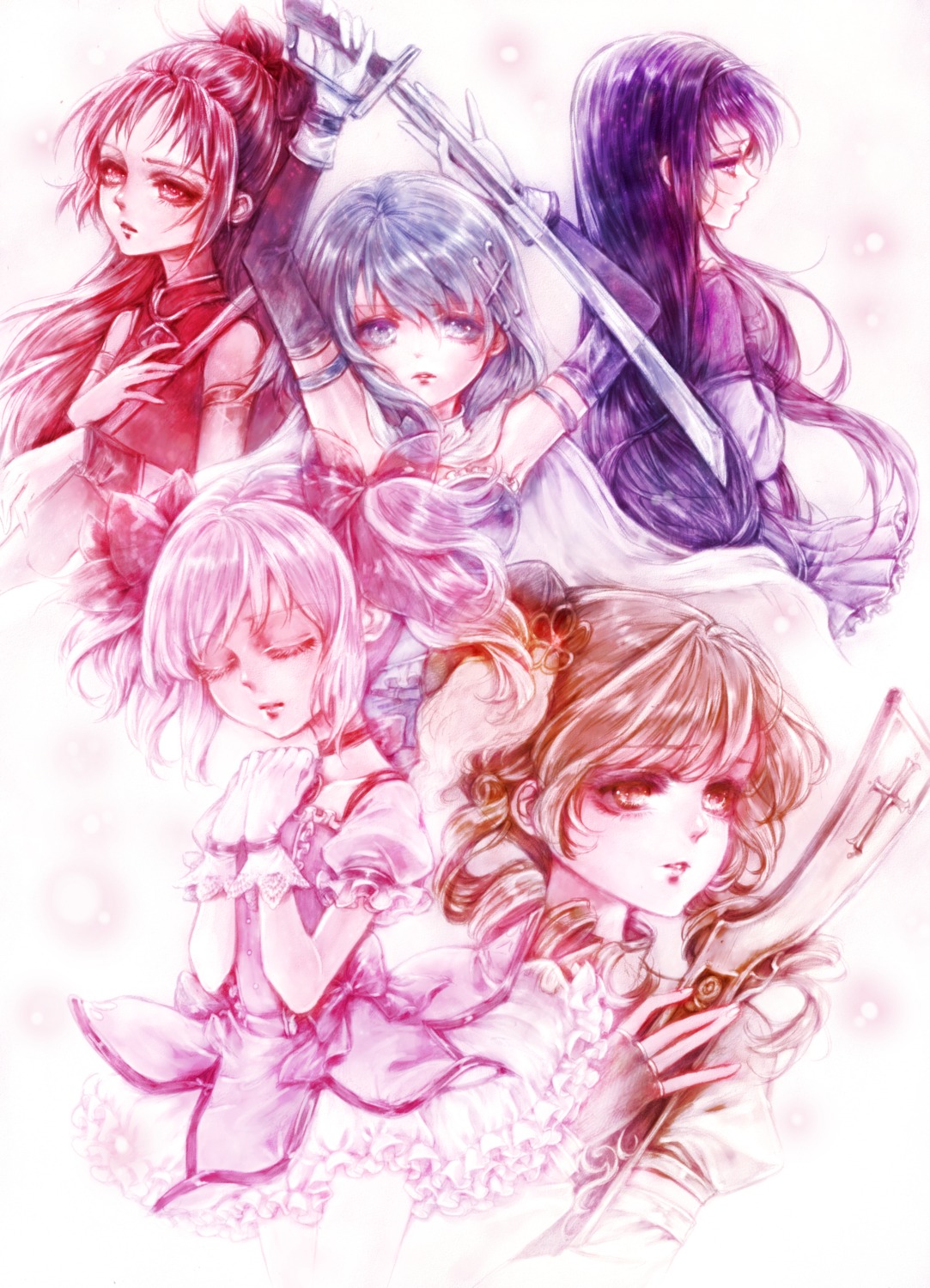 akemi_homura, gun, kaname_madoka, mahou_shoujo_madoka_magica, miki_sayaka, sakura_kyouko, sword, tomoe_mami