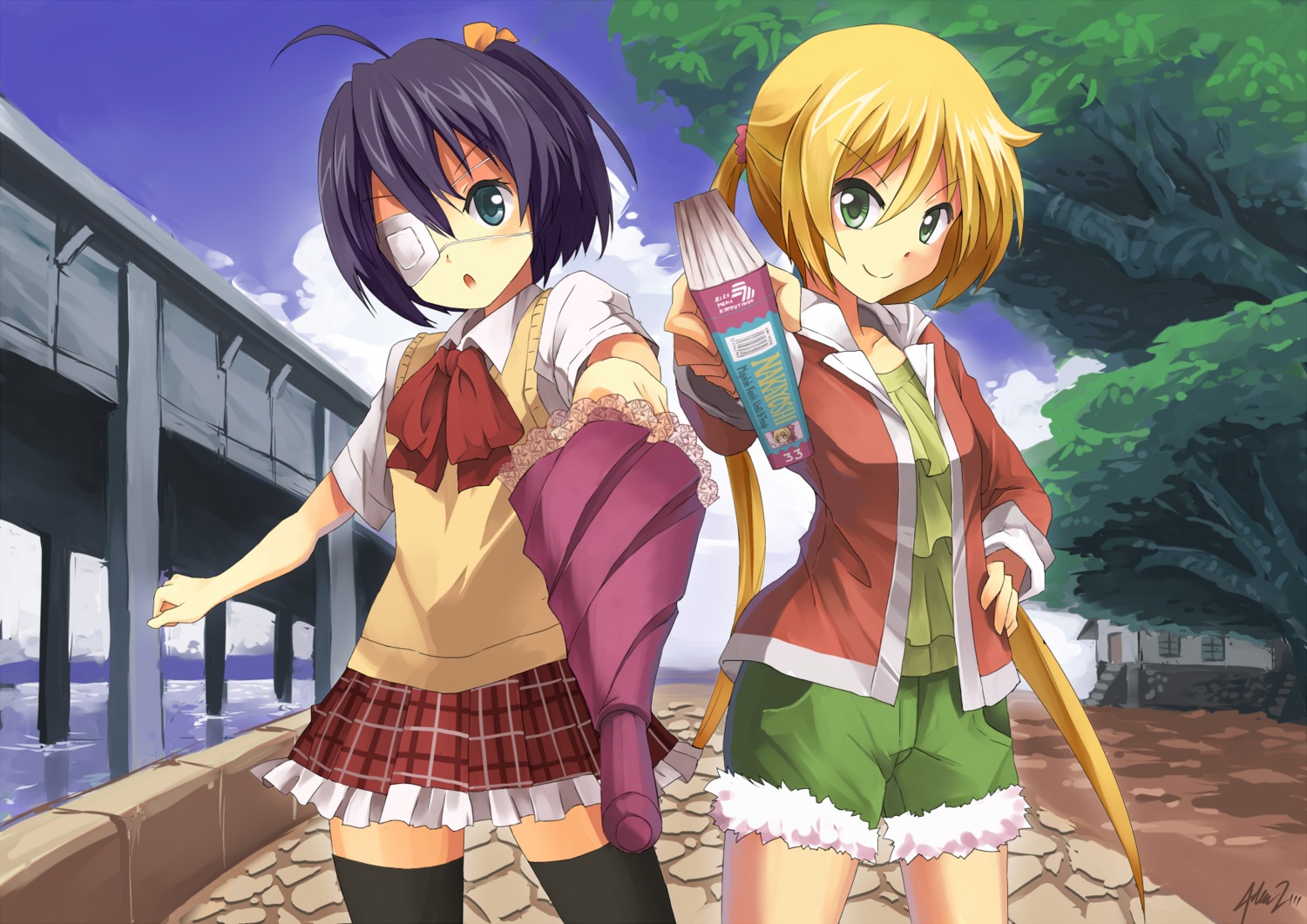 chuunibyou_demo_koi_ga_shitai!, crossover, eyepatch, hayate_no_gotoku, mystic_flame, sanzenin_nagi, seifuku, takanashi_rikka, thighhighs, umbrella