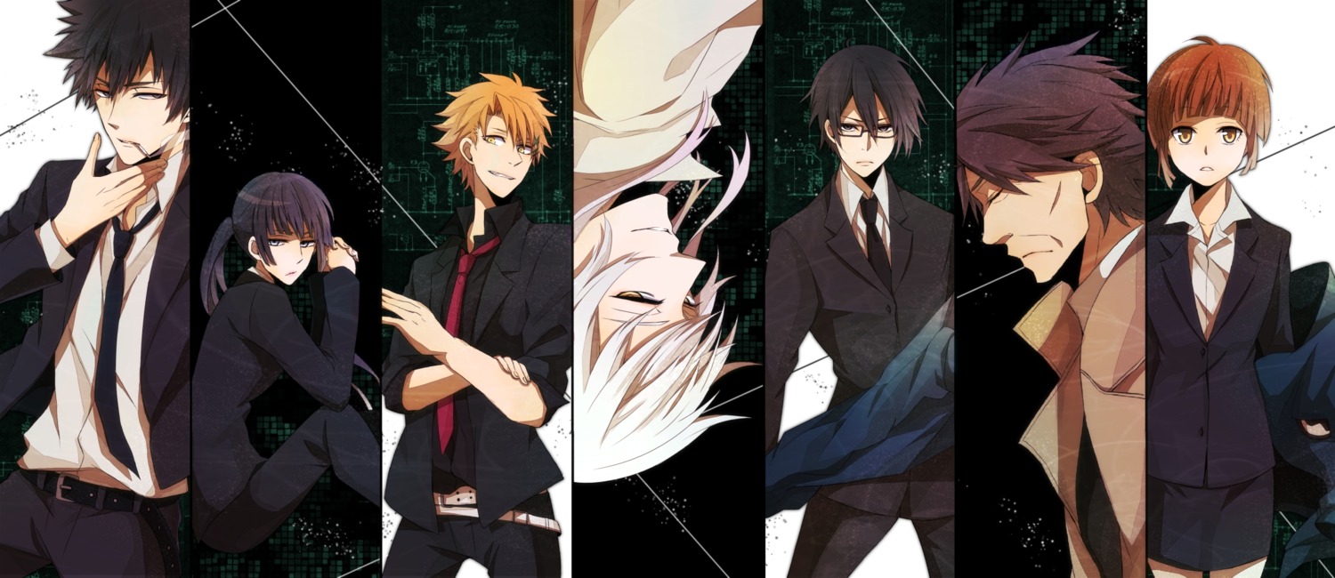 business_suit, ginoza_nobuchika, kagari_shuusei, kougami_shinya, kunizuka_yayoi, makishima_shougo, masaoka_tomomi, psycho-pass