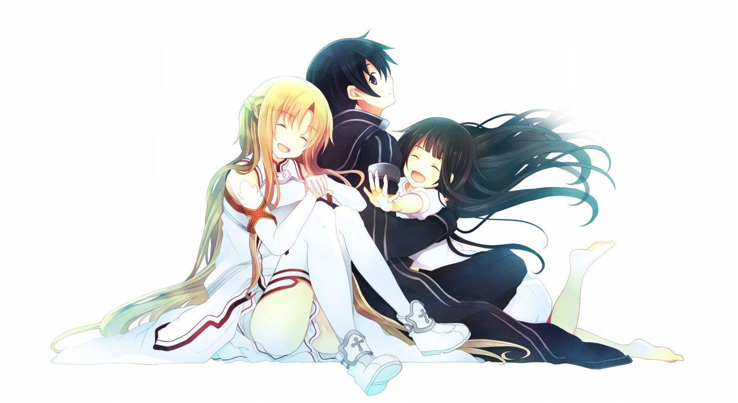 asuna_(sword_art_online), hanahubuki_deluxe., kirito, sword_art_online, thighhighs, yui_(sword_art_online)