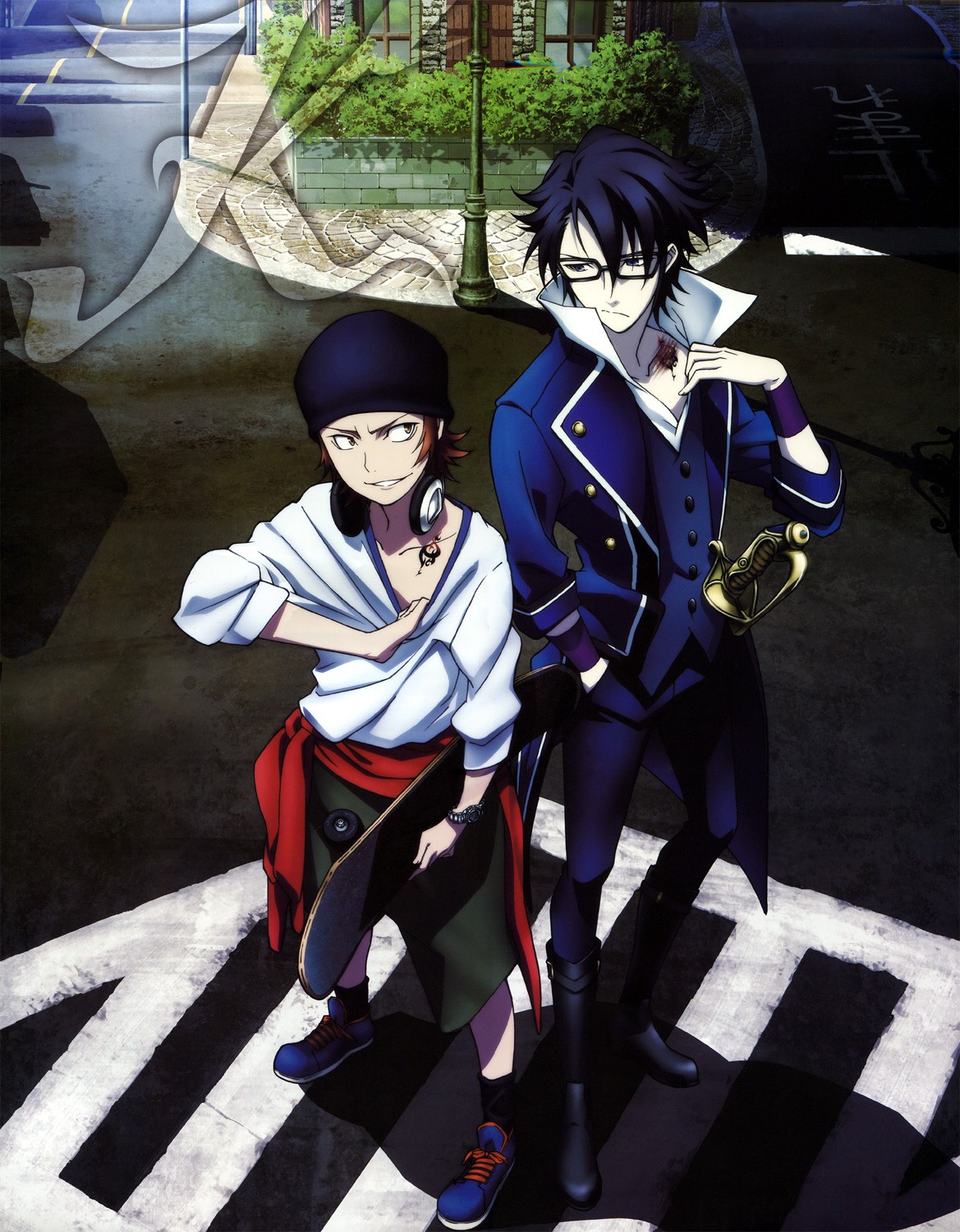 fushimi_saruhiko, headphones, k, male, megane, sword, yata_misaki