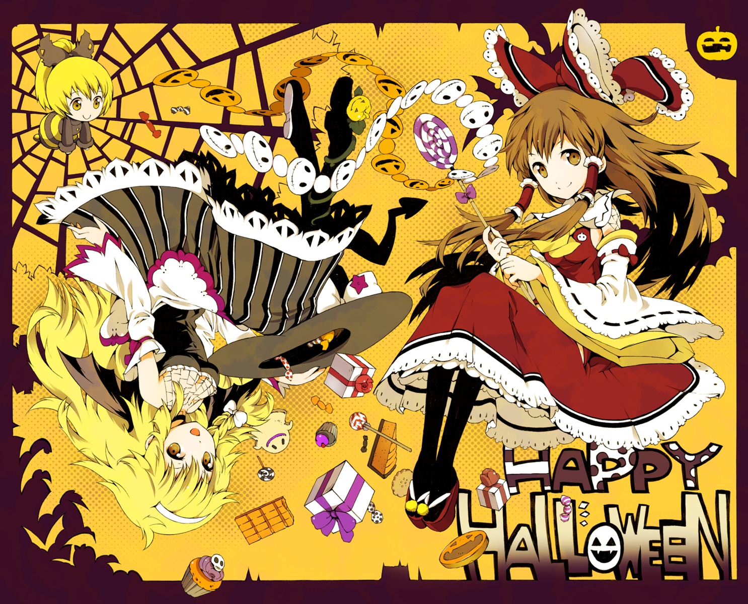 hakurei_reimu, halloween, ichizen_(o_tori), kirisame_marisa, kurodani_yamame, touhou