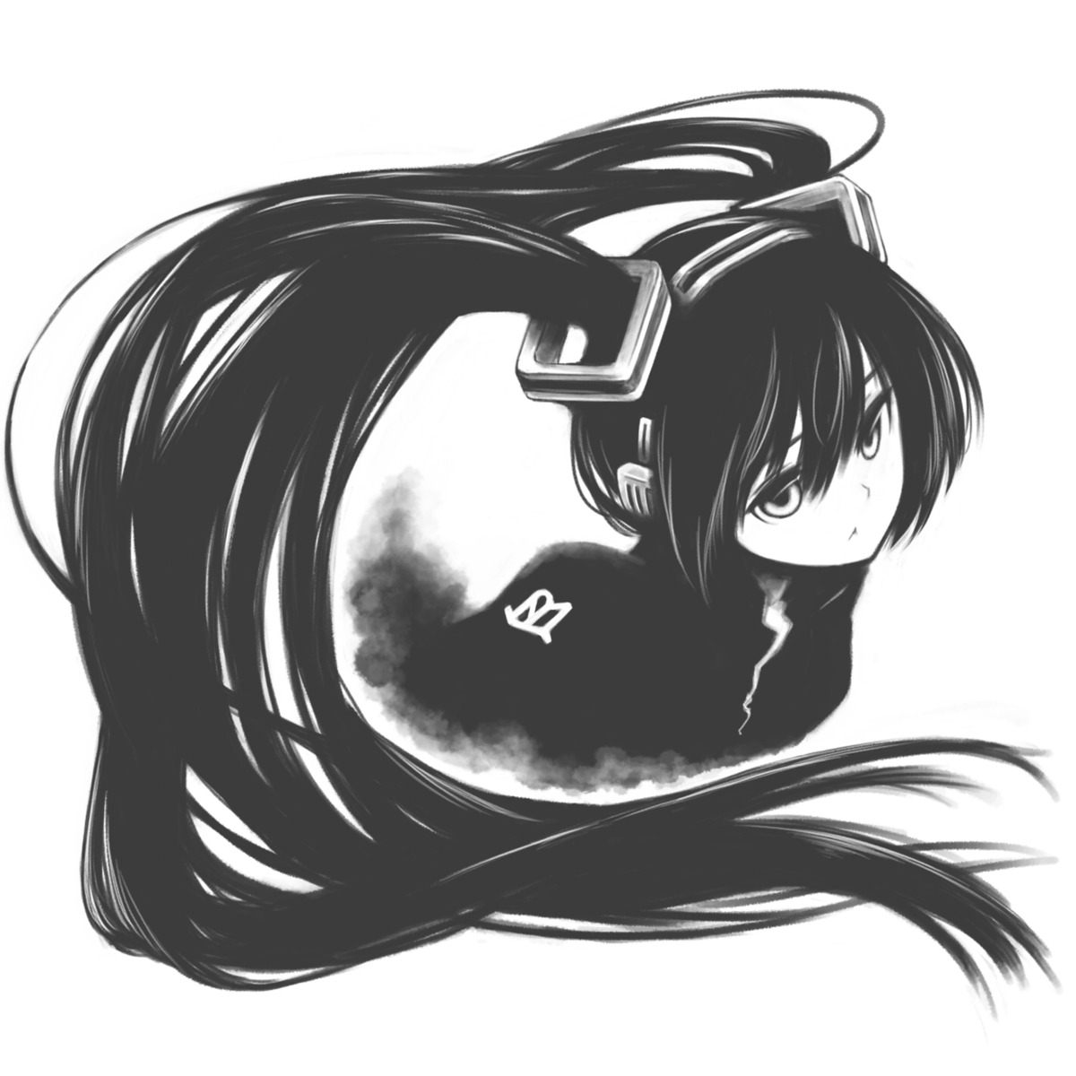 black_rock_shooter, black_rock_shooter_(character), hatsune_miku, monochrome, vocaloid, window1228