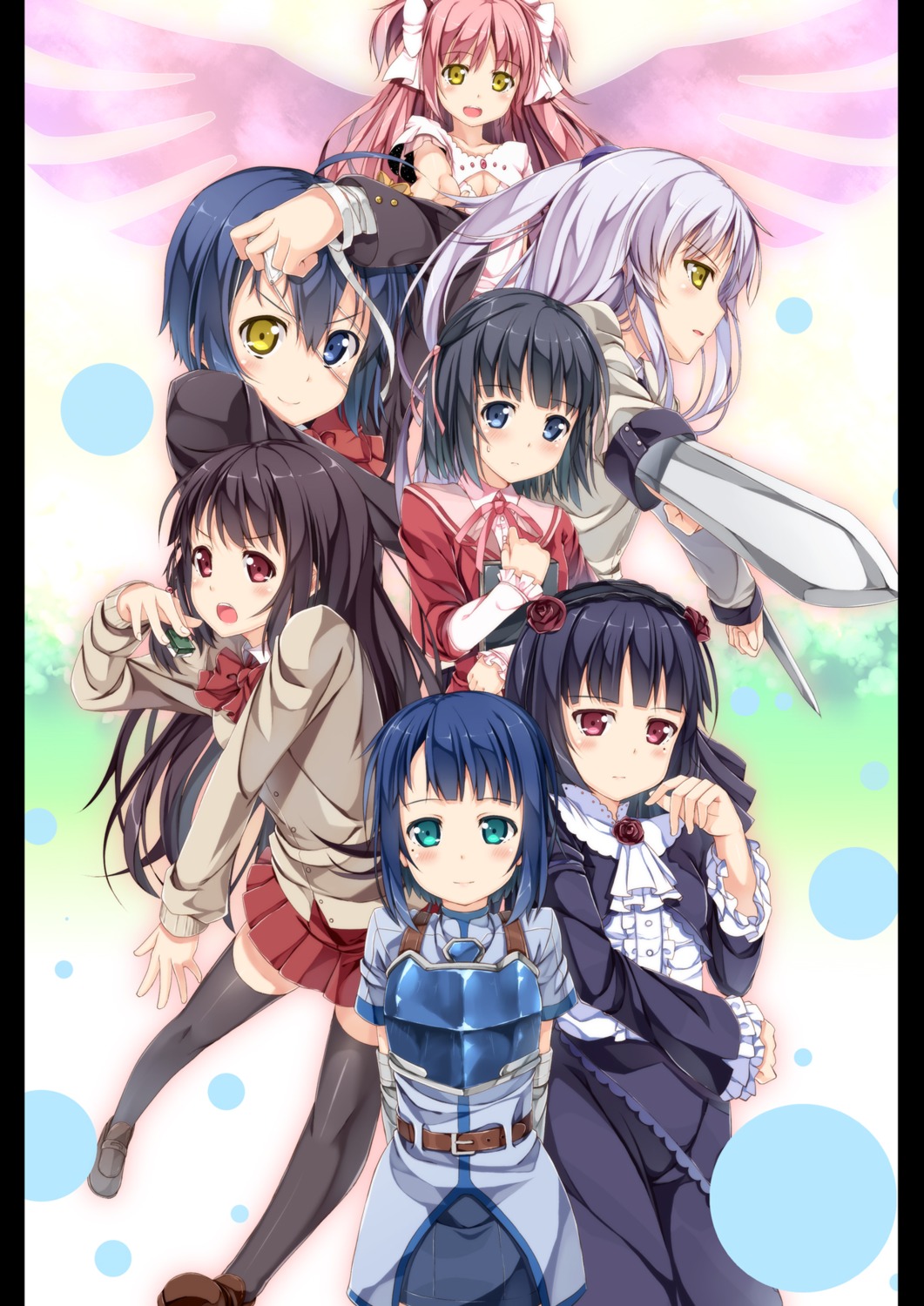 angel_beats!, chuunibyou_demo_koi_ga_shitai!, crossover, gokou_ruri, heterochromia, kami_nomi_zo_shiru_sekai, kaname_madoka, mahou_shoujo_madoka_magica, matsumi_kuro, ore_no_imouto_ga_konnani_kawaii_wake_ga_nai, sachi_(sword_art_online), saki, seifuku, shiomiya_shiori, sword_art_online, tachibana_kanade, takanashi_rikka, thighhighs, yuuri_(asterisk)