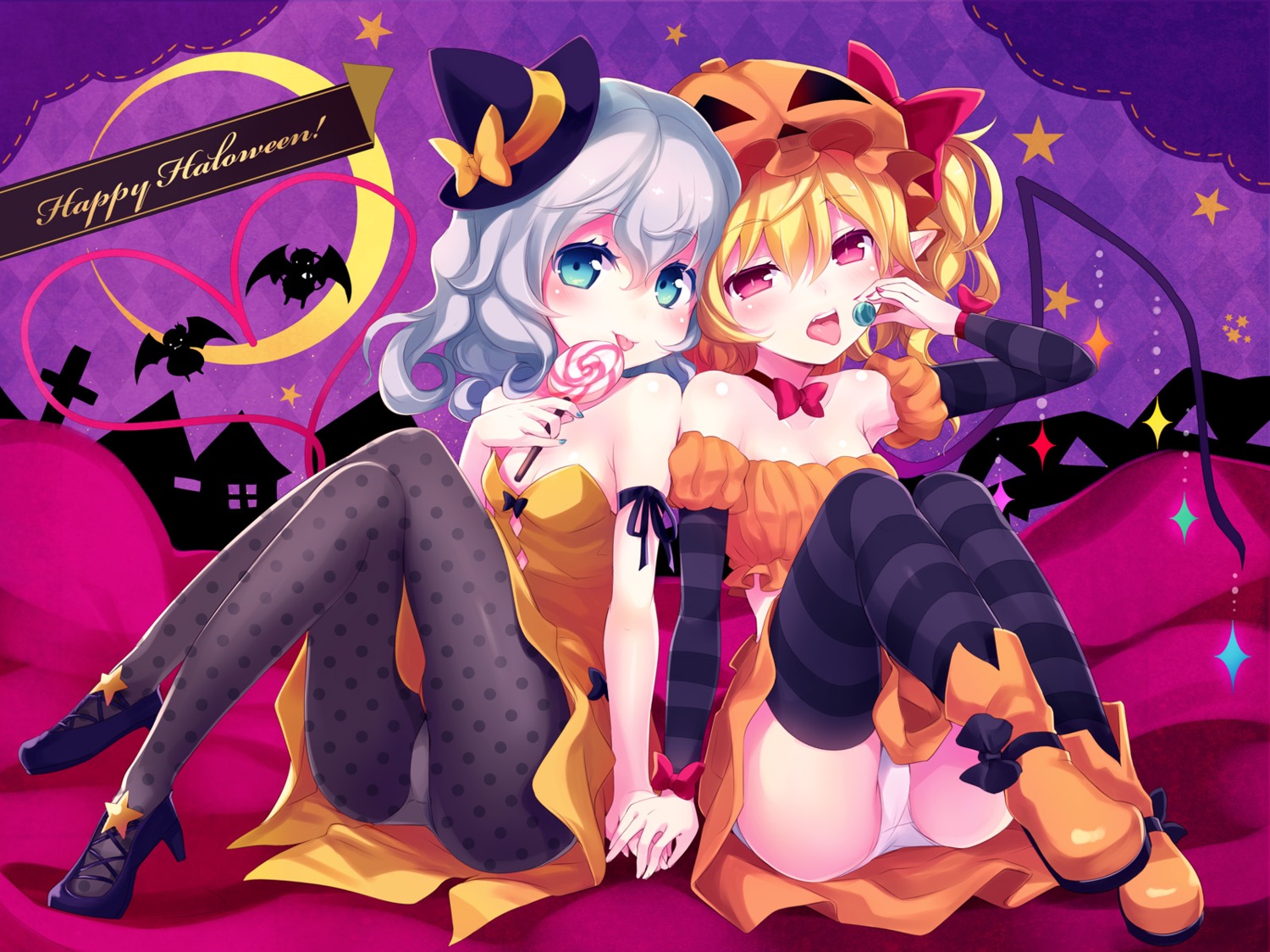 cleavage, flandre_scarlet, halloween, heels, jpeg_artifacts, komeiji_koishi, komeiji_satori, minamura_halki