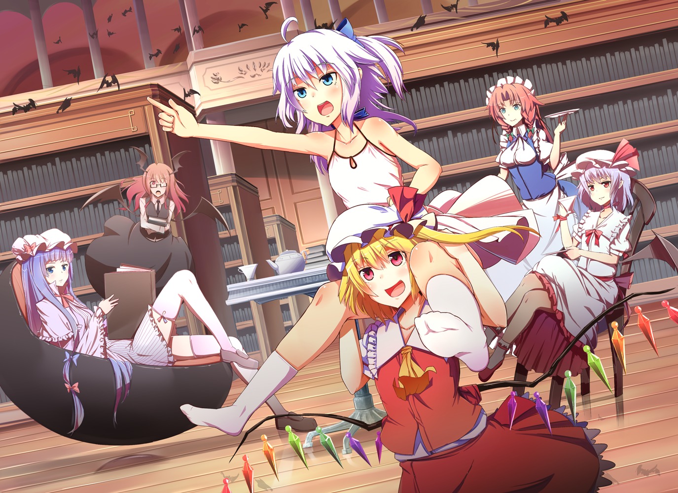 flandre_scarlet, hong_meiling, izayoi_sakuya, koakuma, liking, patchouli_knowledge, remilia_scarlet, touhou