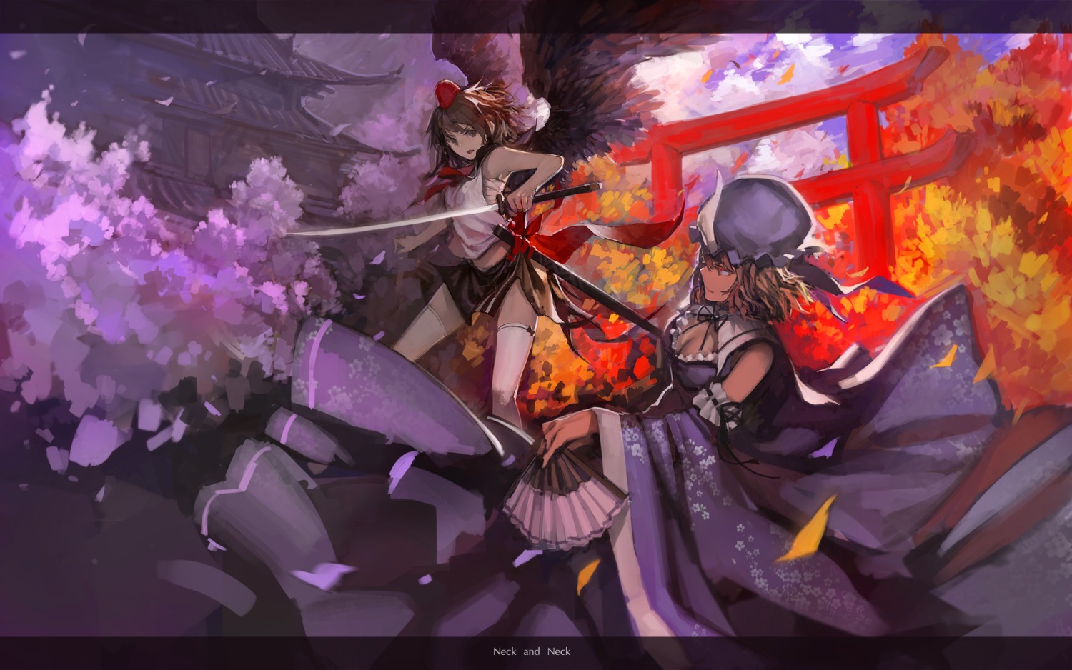 blueman, saigyouji_yuyuko, shameimaru_aya, sword, thighhighs, touhou, wallpaper, wings