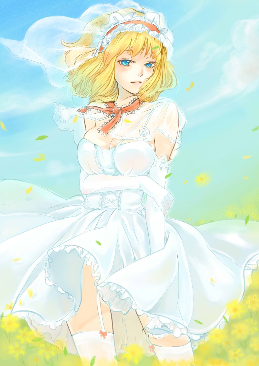abig33, alice_margatroid, cleavage, dress, stockings, thighhighs, touhou, wedding_dress