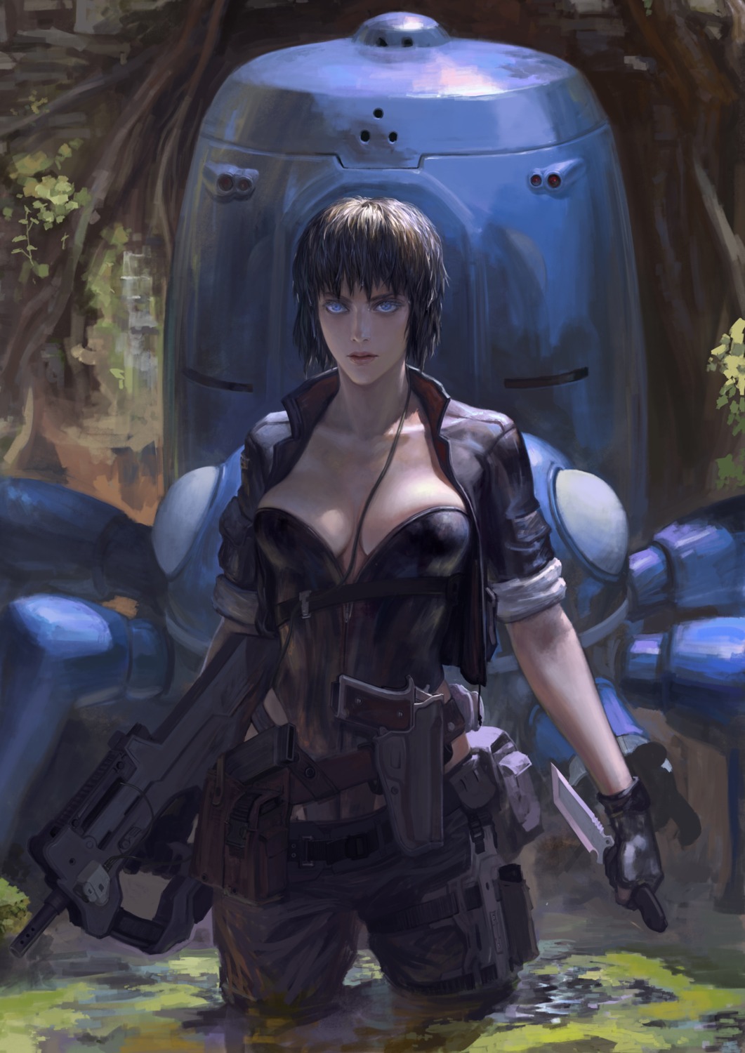 cleavage, ghost_in_the_shell, ghost_in_the_shell:_stand_alone_complex, gun, kusanagi_motoko, tachikoma, xiaji