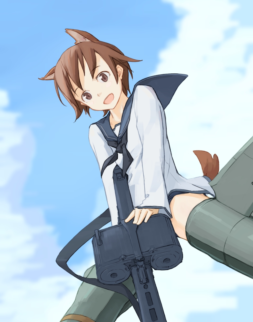 animal_ears, gun, ipponshimeji, miyafuji_yoshika, seifuku, strike_witches, tail