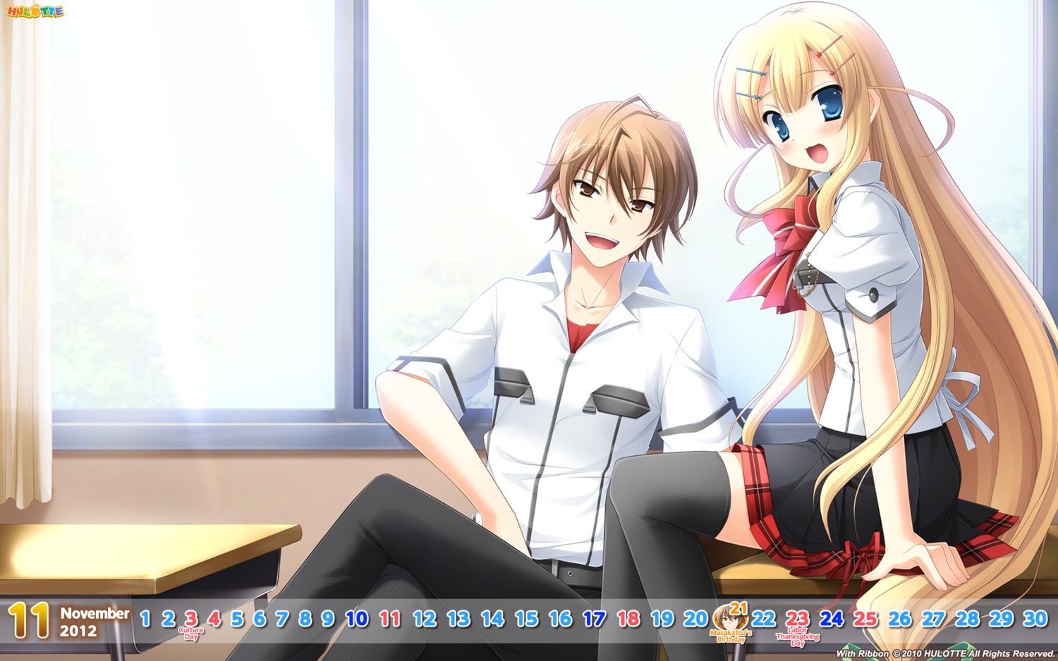calendar, hulotte, ikegami_akane, minamura_airi, seifuku, thighhighs, wallpaper, with_ribbon