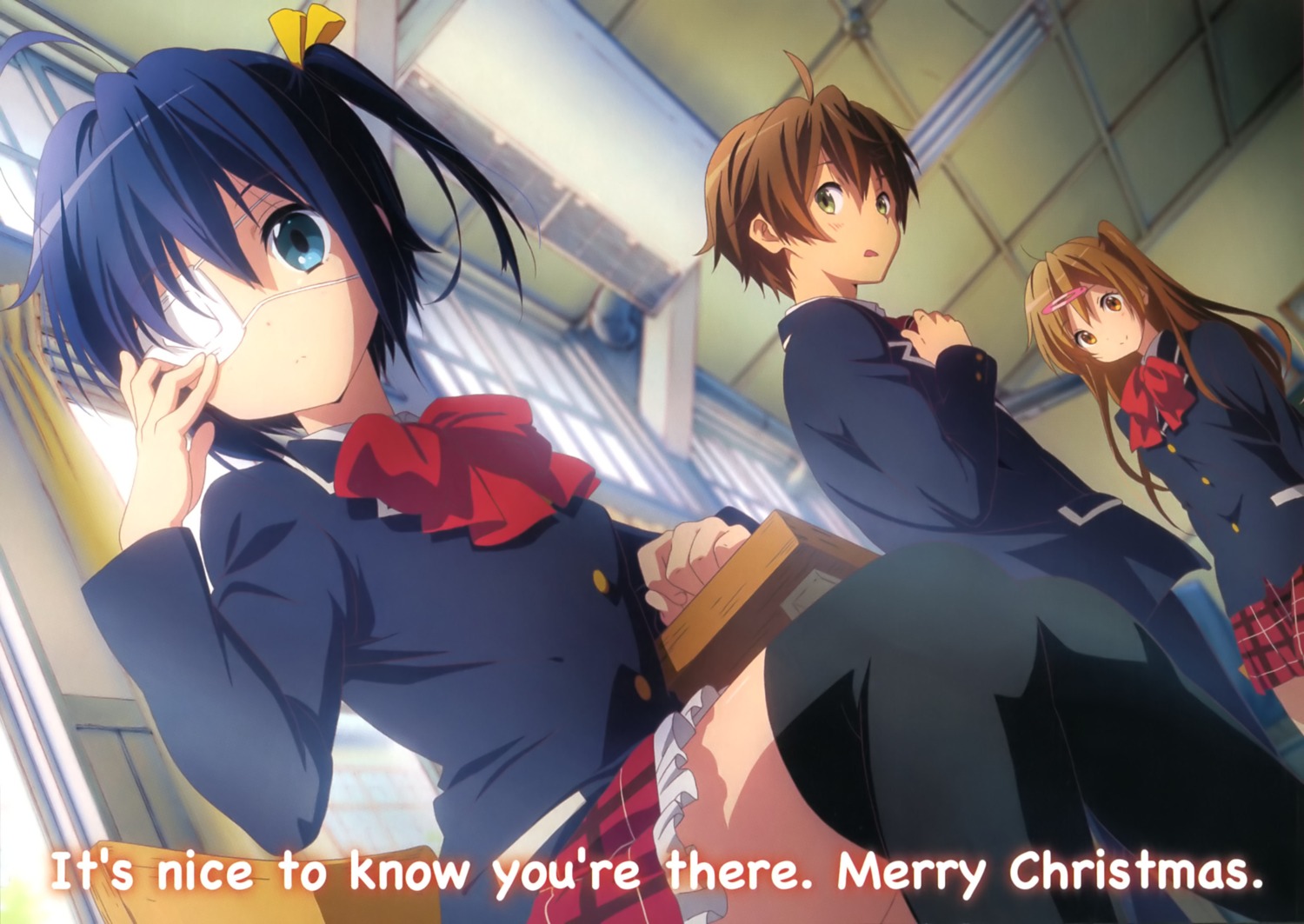 chuunibyou_demo_koi_ga_shitai!, eyepatch, ikeda_kazumi, nibutani_shinka, seifuku, takanashi_rikka, thighhighs, togashi_yuuta